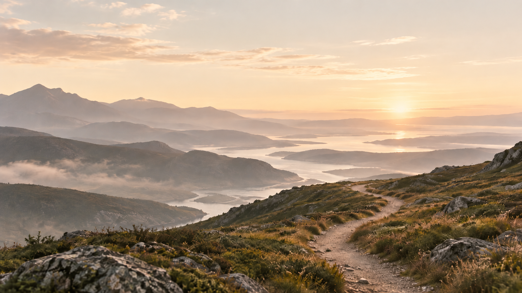 A narrow path winding through open hills toward a distant horizon at first light